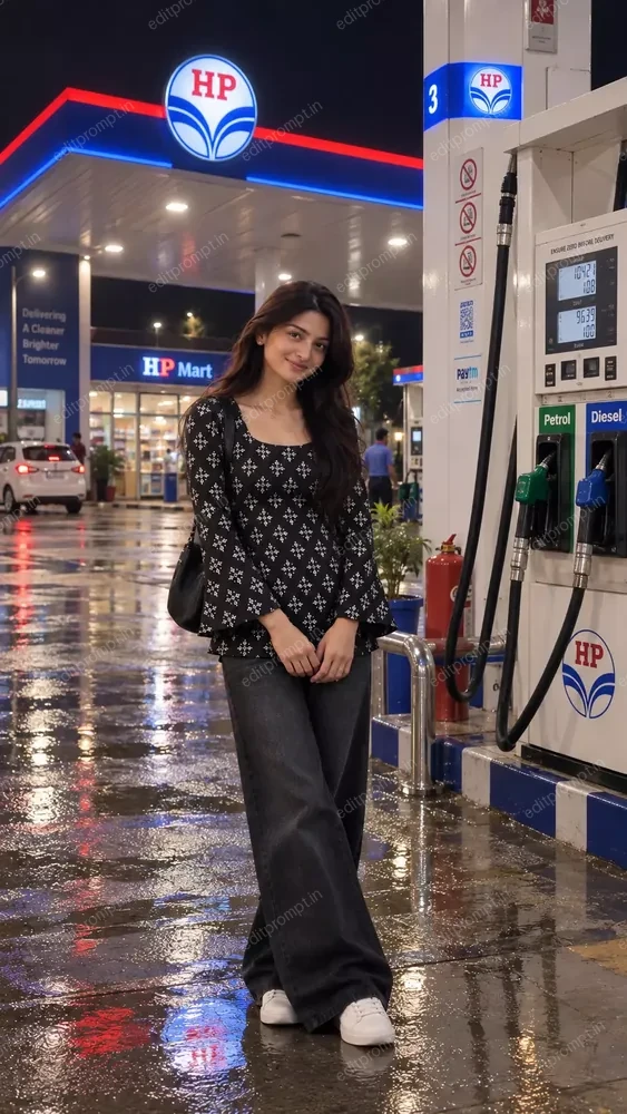 Night Petrol Pump AI Photo Prompt for Girls