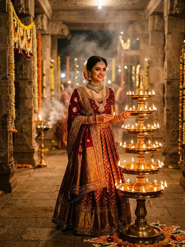 AI Diwali portrait of a woman in a maroon Kanjeevaram brocade lehenga beside a tiered brass samai lamp