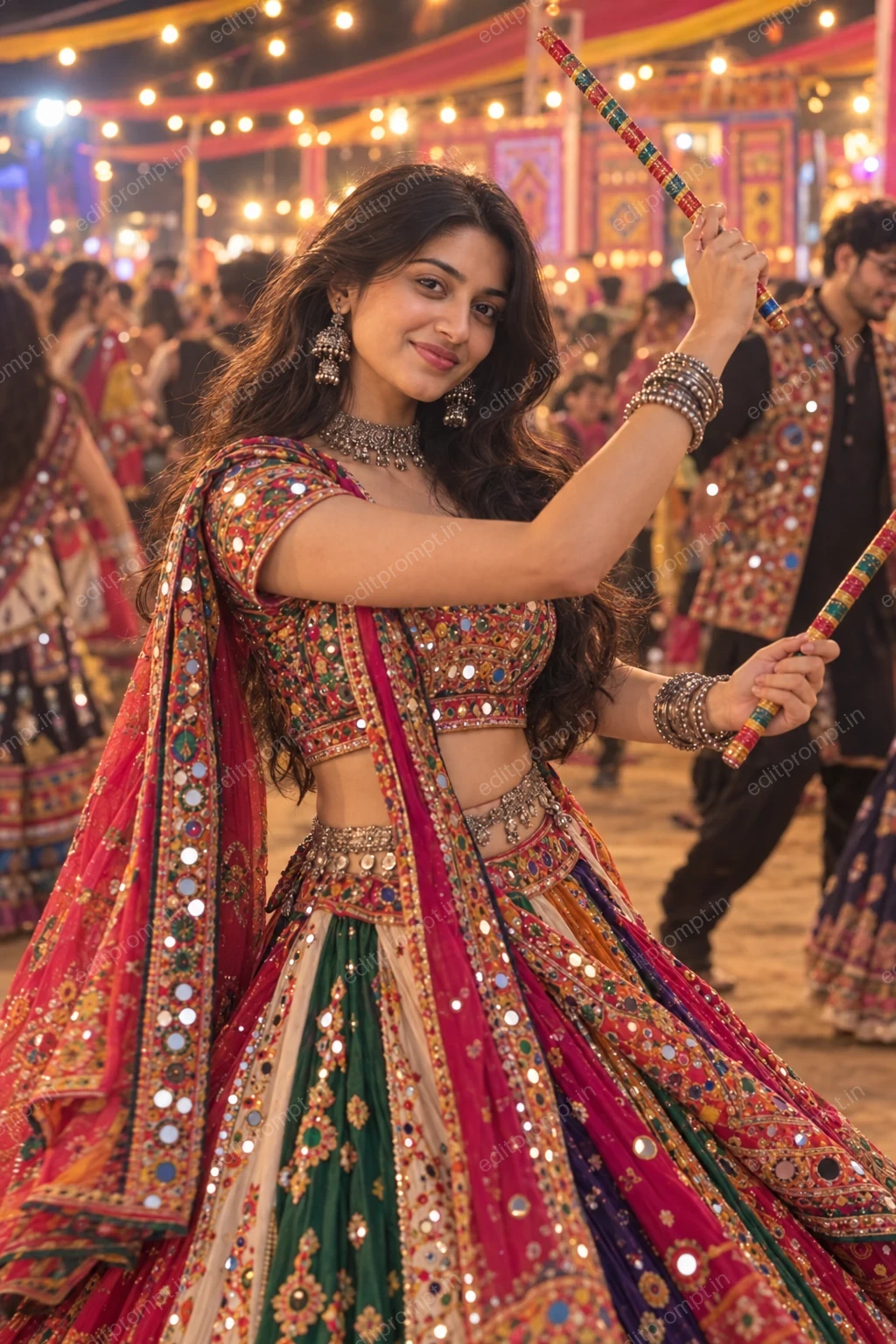 Navratri Garba Girl Playing Dandiya at Night — AI photo prompt example
