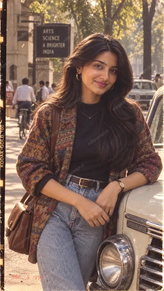 1980s college candid AI photo prompt - a woman in a printed jacket and high-waisted jeans leaning on an Ambassador car outside an Indian college gate