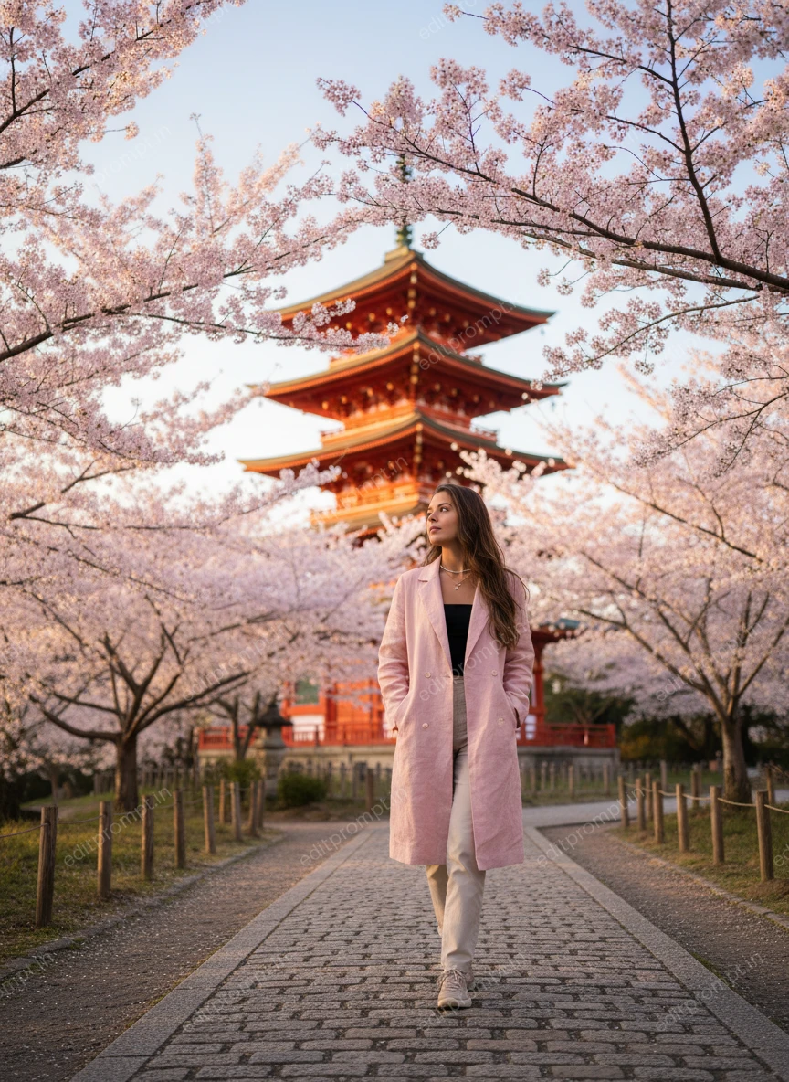 travel ai photo prompt — Sakura Promenade Travel AI Photo Prompt for Girls