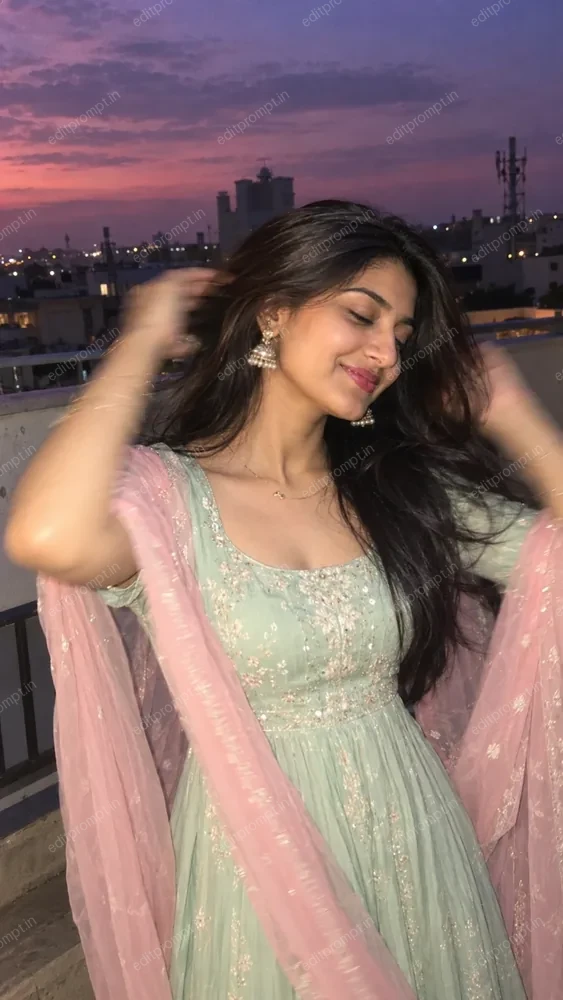 Traditional motion blur AI photo prompt - girl in a mint anarkali and pink dupatta sweeping her hair back on a rooftop at blue hour, lit by flash