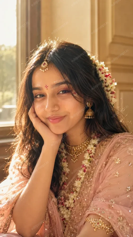 Radha inspired golden hour prompt result — blush pink saree, jasmine gajra, gold maang tikka, warm backlit window light