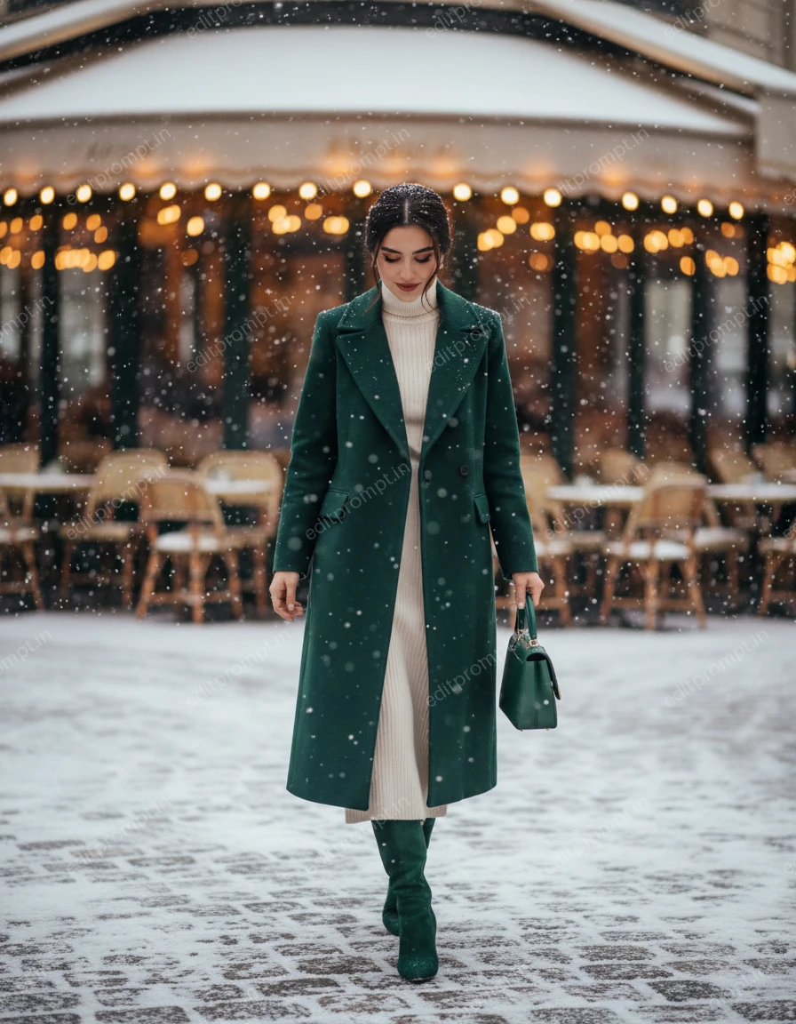 travel ai photo prompt — Emerald Winter Stroll Travel AI Photo Prompt for Girls