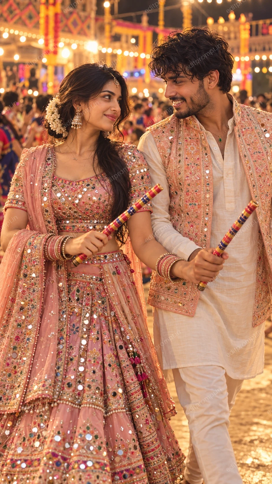 Navratri Garba Couple Pink Outfit Dandiya — AI photo prompt example