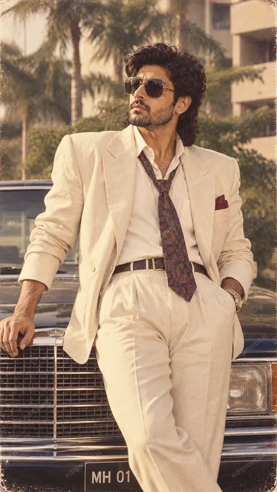 1980s cream suit AI photo prompt - a man in a cream linen suit and paisley tie leaning against the hood of a vintage car
