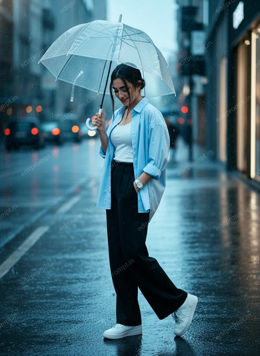 travel ai photo prompt — Urban Rain Muse Travel AI Photo Prompt for Girls