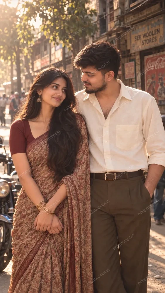 Vintage couple AI photo prompt - a 1980s Indian couple in a floral saree and ivory shirt on an old city street at golden hour
