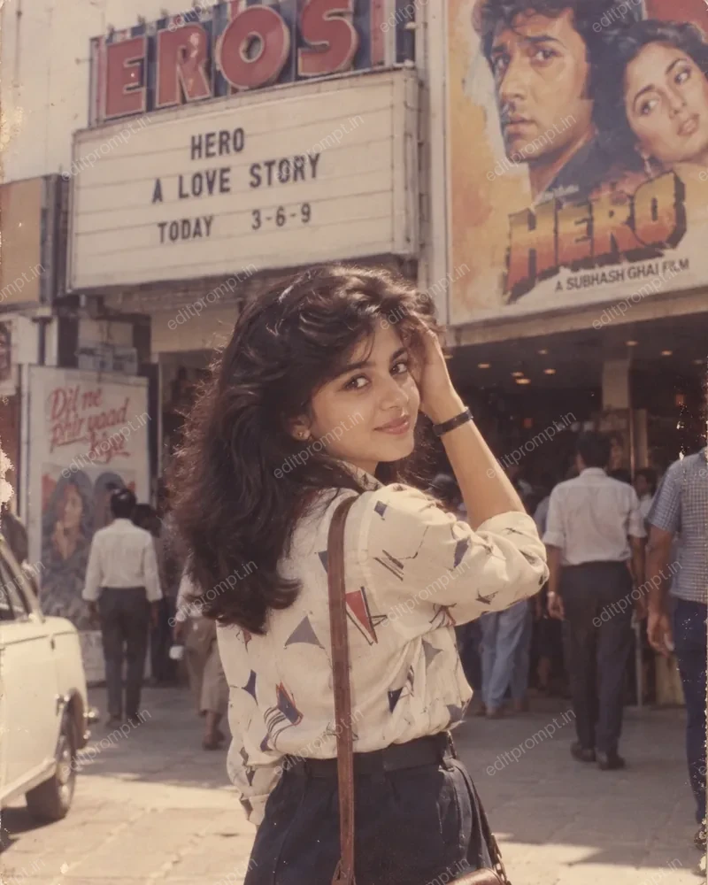 1980s cinema hall AI photo prompt - a woman outside a single-screen Bollywood theatre with a hand-painted film poster behind her