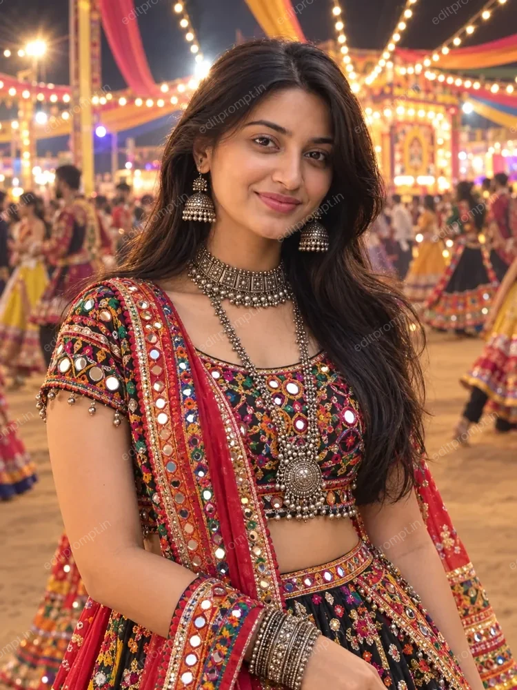 Navratri AI photo prompt for girl - Garba night portrait in a traditional chaniya choli with oxidized silver jewellery and festive fairy-light bokeh