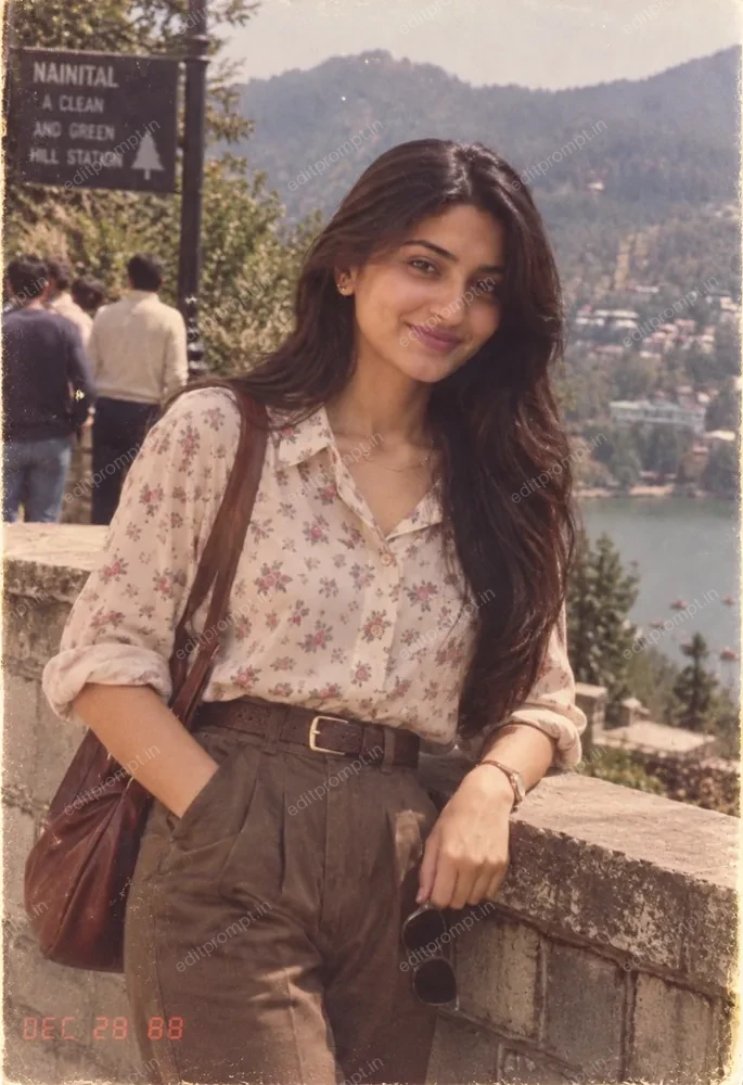 1980s hill station holiday AI photo prompt - a woman in a floral blouse and high-waisted trousers at a hill station viewpoint above a lake