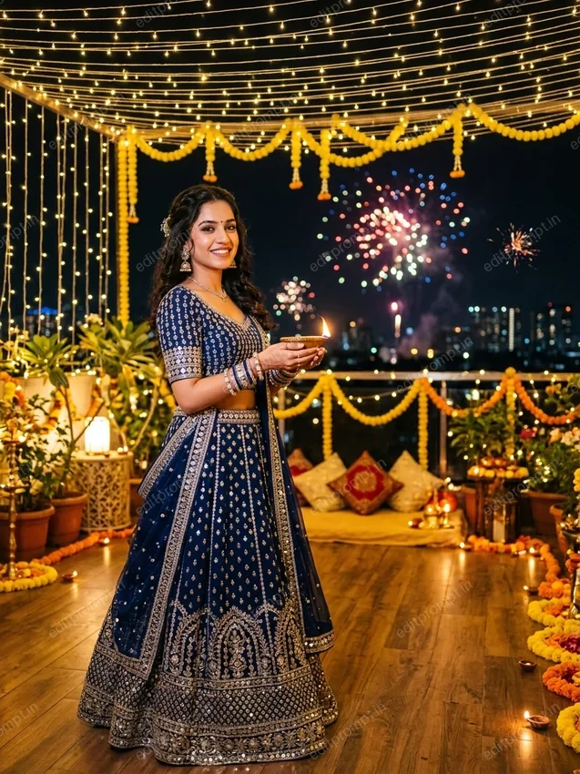 AI Diwali portrait of a woman in a midnight blue mirror-work lehenga under rooftop fairy lights