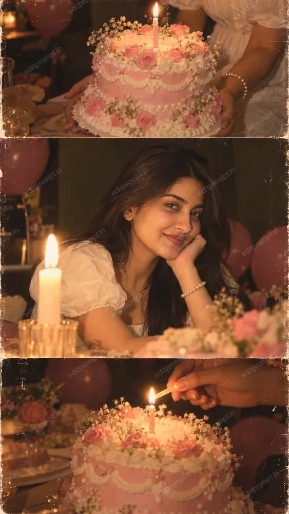 Vintage birthday AI photo prompt - 3-panel 90s film collage of a pink rose cake, a girl in a white puff-sleeve dress by candlelight, and a candle being lit