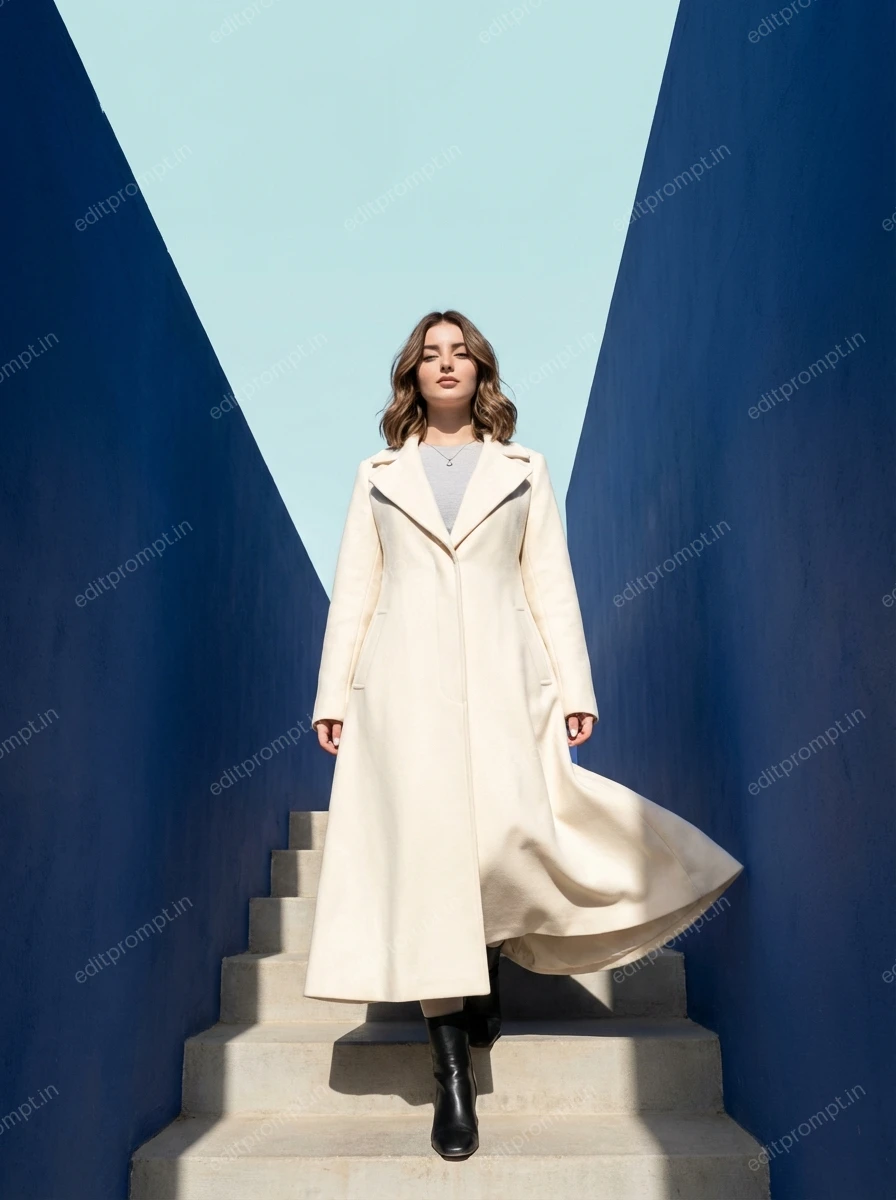 aesthetic ai photo prompt — Cobalt Corridor Descent Aesthetic AI Photo Prompt for Girls