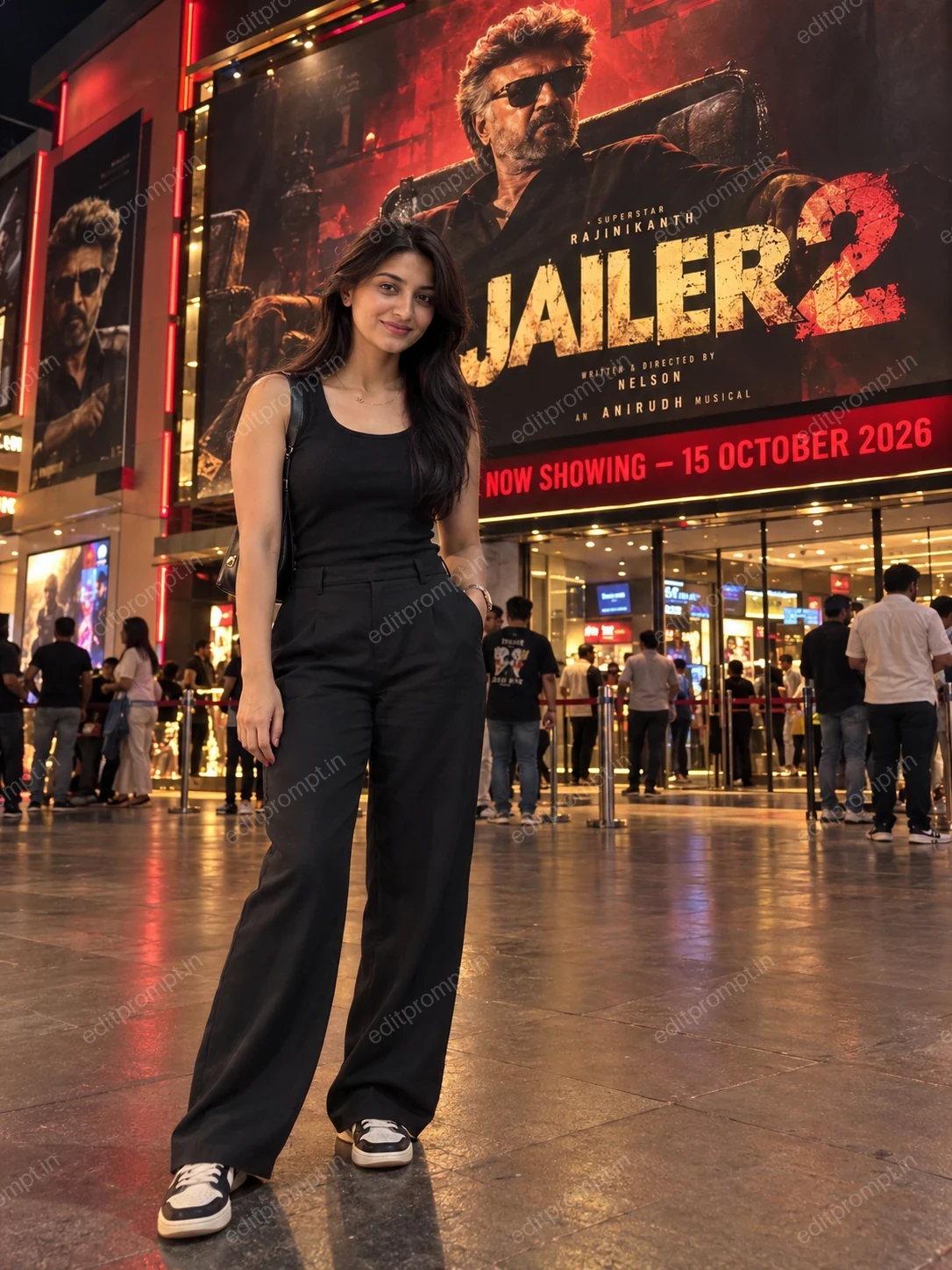 Jailer 2 Release Day Cinema Hall AI Photo Prompt for Girls — AI photo prompt example