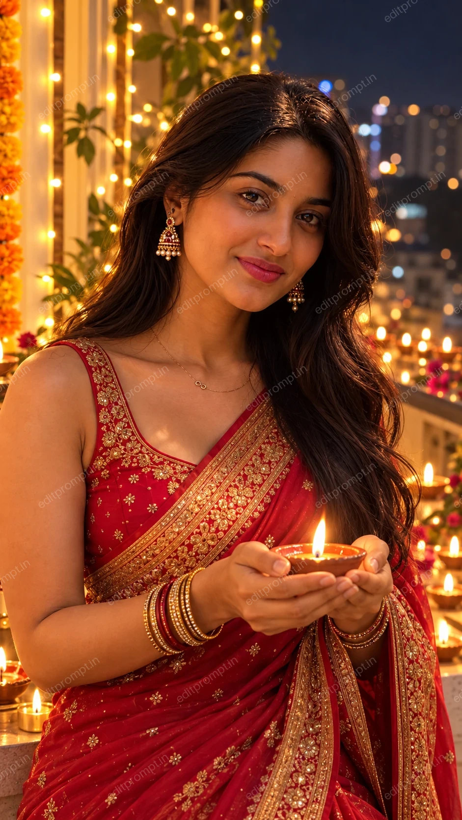 Diwali Night Diya in Hands AI Photo Prompt for Girls — AI photo prompt example