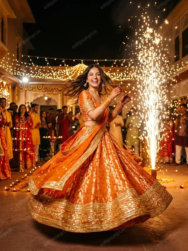 AI Diwali photo of a woman twirling in a tangerine orange brocade lehenga beside an anar firework