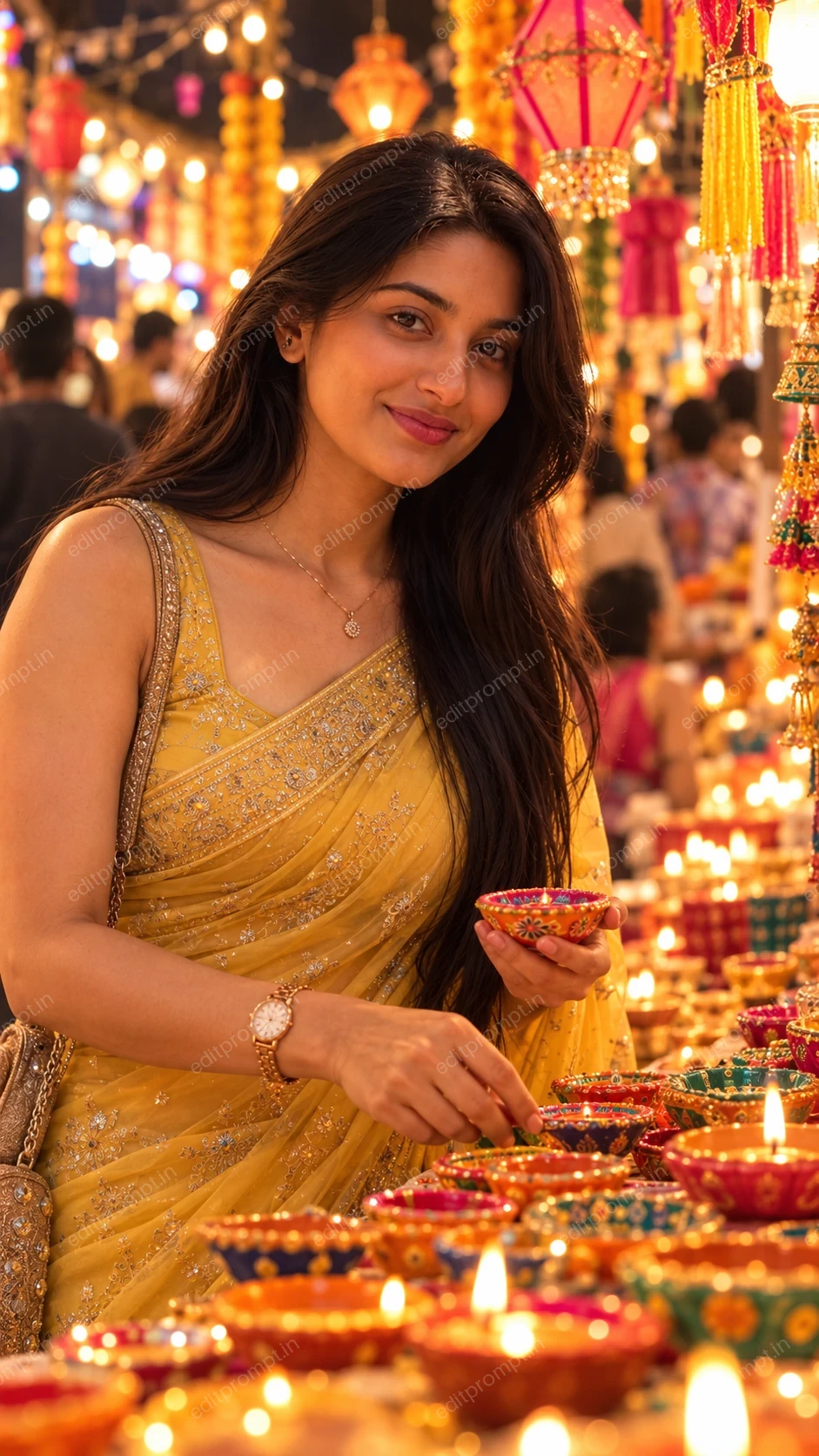 Yellow Saree Diwali Market AI Photo Prompt for Girls — AI photo prompt example