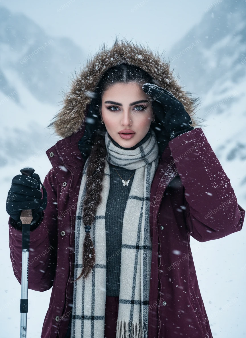 travel ai photo prompt — Arctic Warrior: Cinematic Snowstorm Portrait