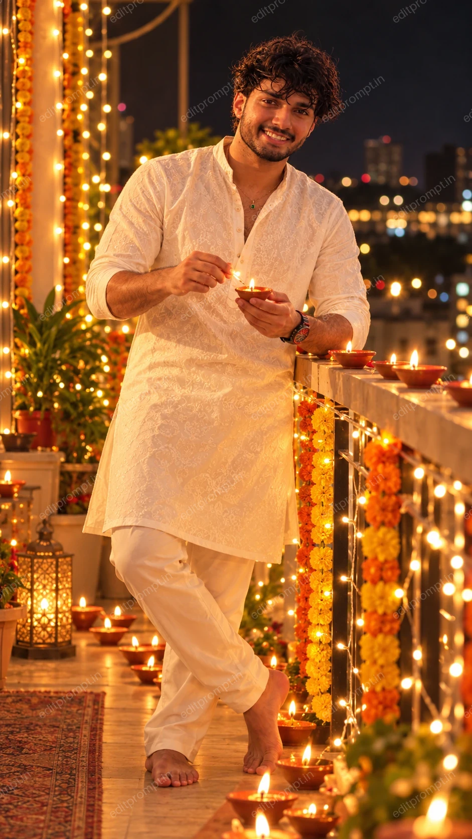White Kurta Diwali Balcony Diya AI Photo Prompt for Boys — AI photo prompt example