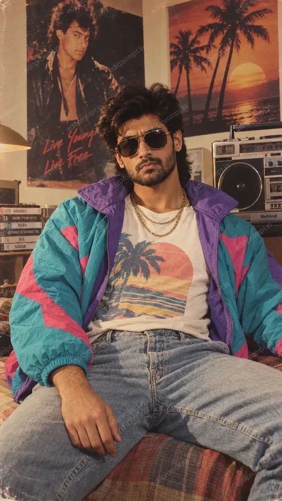 1980s retro streetwear AI photo prompt - a man in a teal and purple color-block windbreaker and sunset graphic T-shirt in a retro bedroom