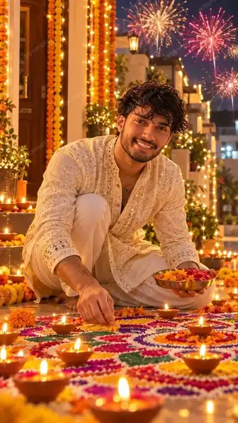 Diwali Rangoli Making AI Photo Prompt for Boys — AI photo prompt example