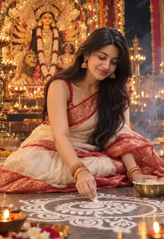 Durga Puja AI photo prompt for girls - woman in white-red Bengali saree drawing white alpona floor art, lit Durga idol pandal behind her