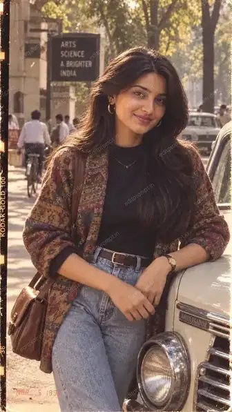 1980s college candid AI photo prompt - a woman in a printed jacket and high-waisted jeans leaning on an Ambassador car outside an Indian college gate