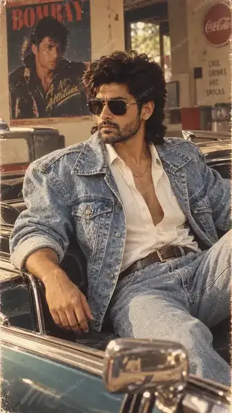 1980s double denim retro AI photo prompt - a man in an acid-wash denim jacket and jeans with a mullet and aviators sitting in a vintage car