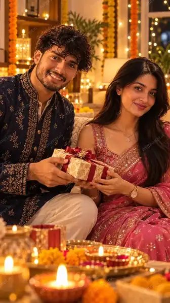 Diwali Gift Couple AI Photo Prompt in Sherwani and Saree — AI photo prompt example