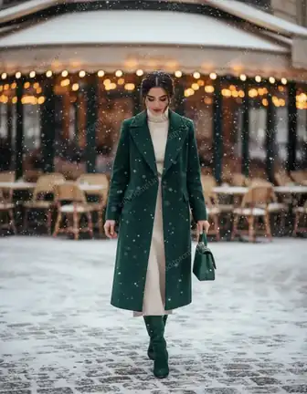 travel ai photo prompt — Emerald Winter Stroll Travel AI Photo Prompt for Girls