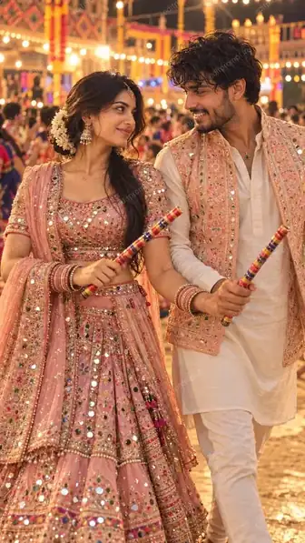 Navratri Garba Couple Pink Outfit Dandiya — AI photo prompt example