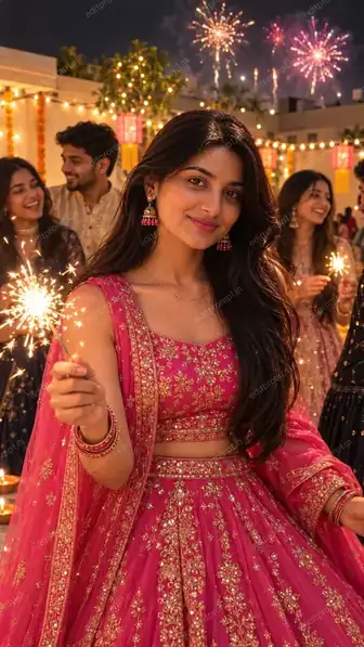 Pink Lehenga Diwali Sparkler AI Photo Prompt for Girls — AI photo prompt example