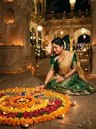 AI Diwali portrait of a woman in an emerald green Banarasi lehenga kneeling beside a marigold rangoli