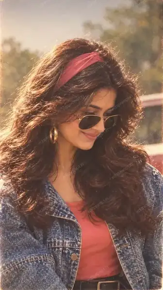 1980s retro denim AI photo prompt - a woman in a stone-washed denim jacket, pink headband and gold aviators with voluminous 80s hair