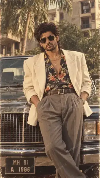 1980s retro blazer AI photo prompt - a man in a cream linen blazer and floral Hawaiian shirt leaning against a vintage sedan