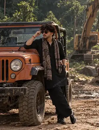 photo prompt — Black Kurta Jeep Car AI Photo Prompt for Boys