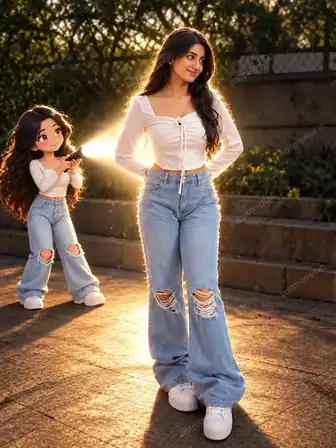 Anime flashlight AI photo editing prompt - small anime twin character shining a flashlight beam on the real subject at sunset
