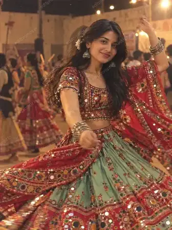 Garba Dance AI photo prompt for girl - mid-spin Navratri portrait in a mint-green and red mirror-work chaniya choli with a 1990s retro film look