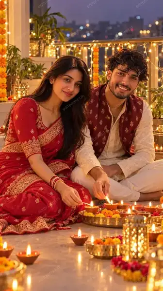 Red Saree Couple Diwali Balcony Diya AI Photo Prompt — AI photo prompt example