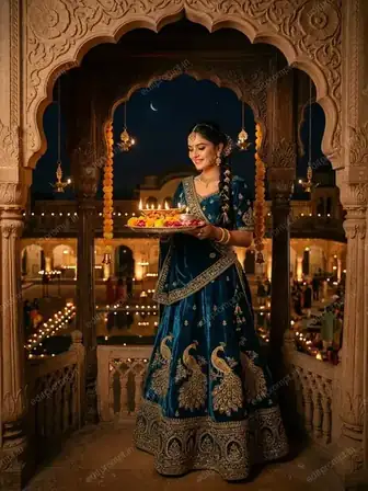 AI Diwali portrait of a woman in a peacock teal velvet lehenga inside a carved Rajasthani jharokha