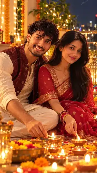 Couple Lighting Diyas Together Diwali AI Photo Prompt — AI photo prompt example