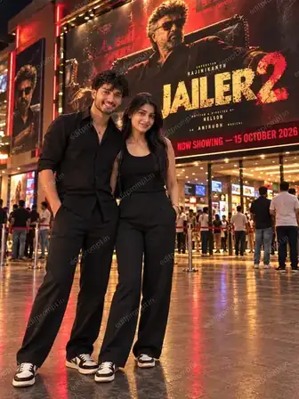 Jailer 2 Release Day Cinema Hall AI Photo Prompt for Couple — AI photo prompt example