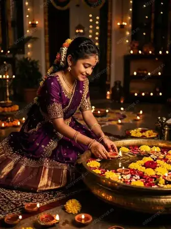 AI Diwali portrait of a woman in a deep plum raw silk lehenga beside a brass urli with floating diyas