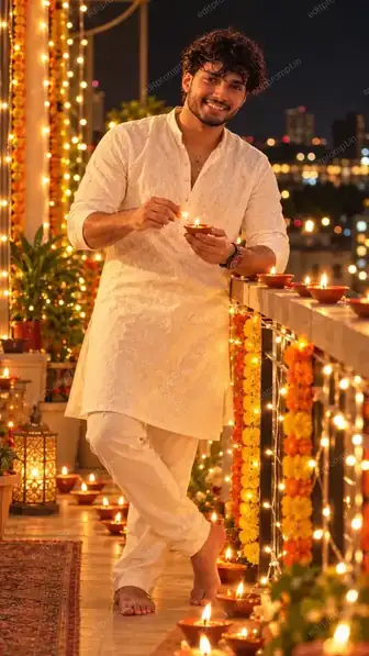 White Kurta Diwali Balcony Diya AI Photo Prompt for Boys — AI photo prompt example