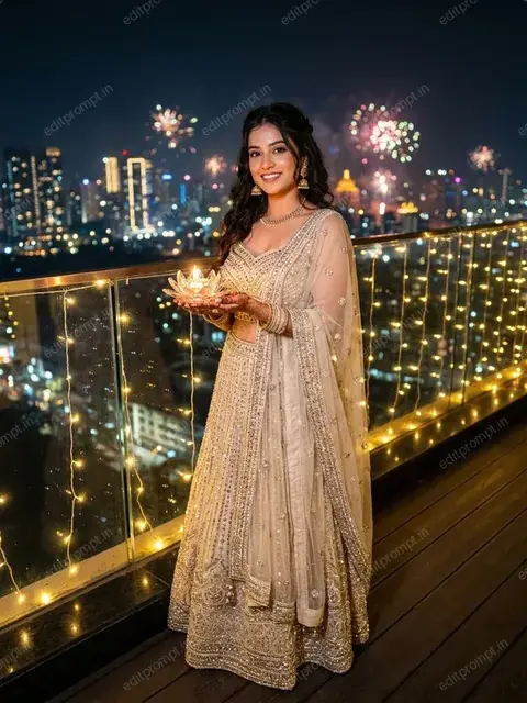 AI Diwali portrait of a woman in a champagne gold sequin lehenga holding a lotus diya on a city balcony