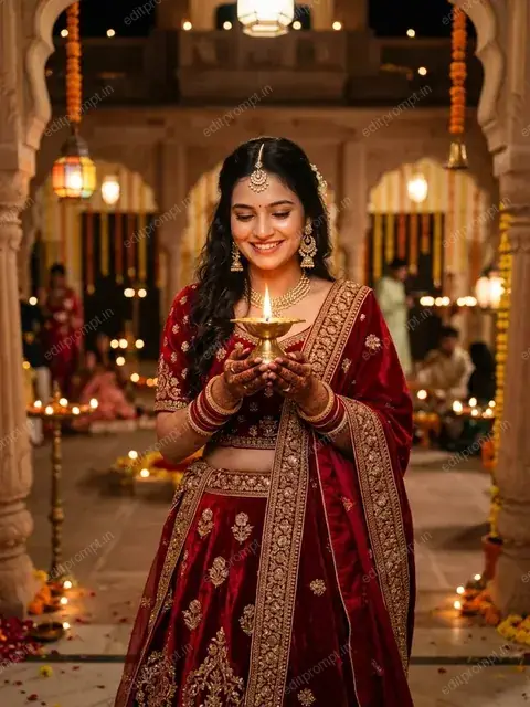 AI Diwali portrait of a woman in a crimson velvet zardozi lehenga holding a glowing brass diya