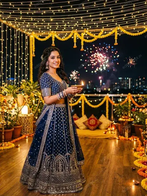 AI Diwali portrait of a woman in a midnight blue mirror-work lehenga under rooftop fairy lights