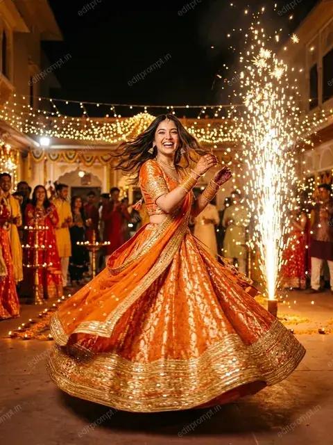 AI Diwali photo of a woman twirling in a tangerine orange brocade lehenga beside an anar firework