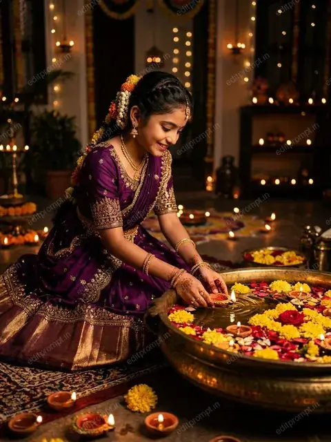 AI Diwali portrait of a woman in a deep plum raw silk lehenga beside a brass urli with floating diyas